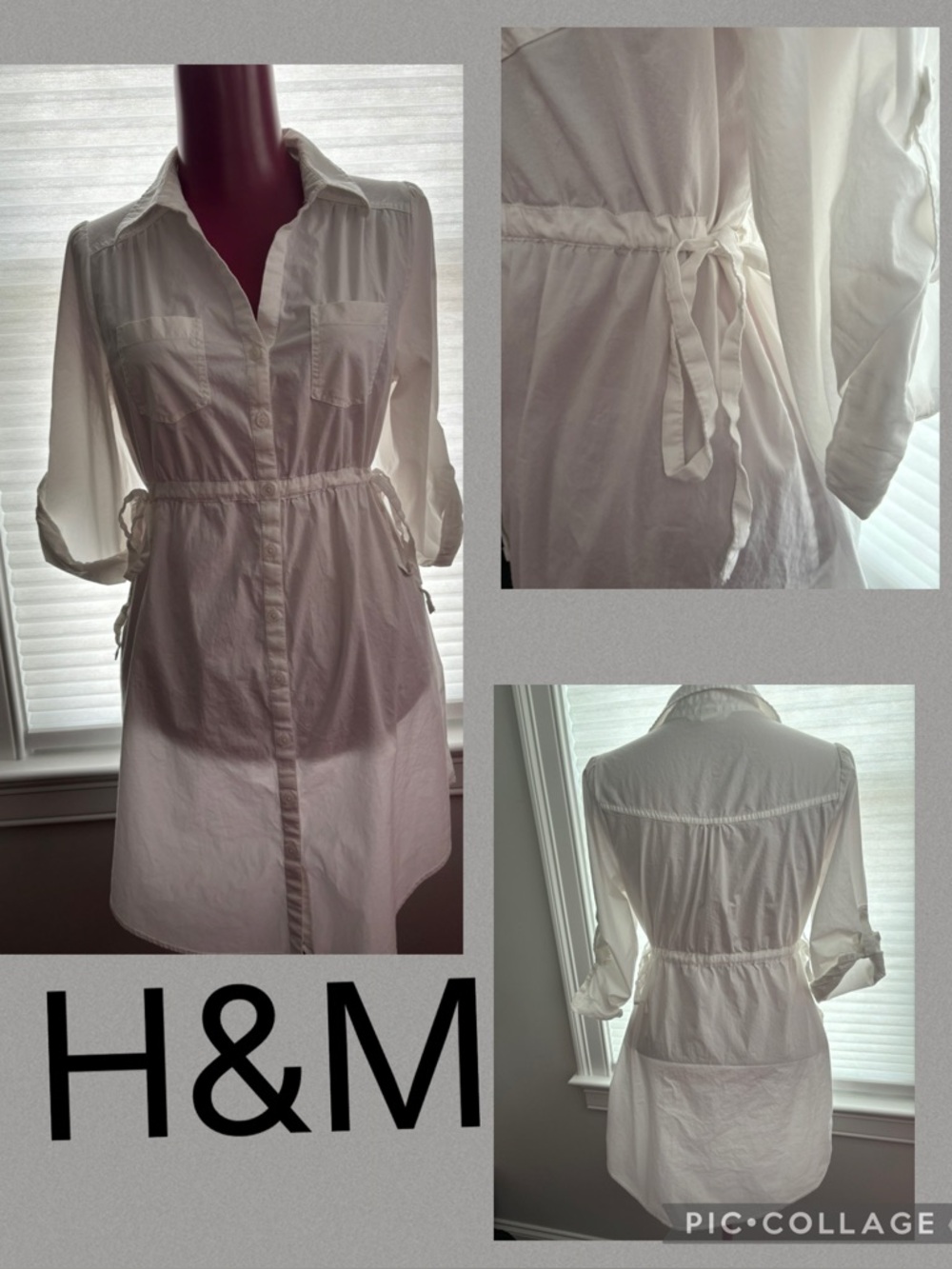 H&M white button up collared T shirt dress size 8